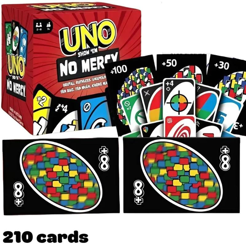 UNO Show ‘Em No Mercy plus Card Game in Storage & Travel Tin for Kids, Adults & Family Night with Extra Cards, Special Rules & Tougher Penalties