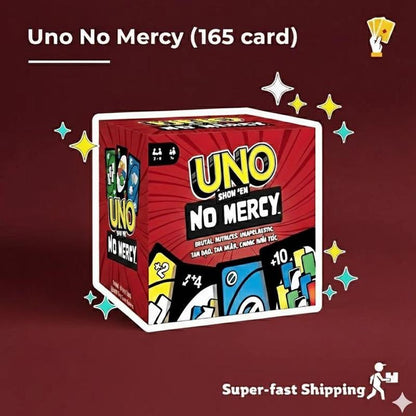 UNO Show ‘Em No Mercy plus Card Game in Storage & Travel Tin for Kids, Adults & Family Night with Extra Cards, Special Rules & Tougher Penalties