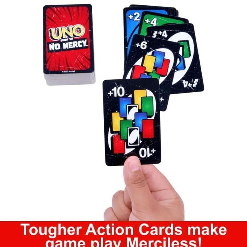 UNO Show ‘Em No Mercy plus Card Game in Storage & Travel Tin for Kids, Adults & Family Night with Extra Cards, Special Rules & Tougher Penalties