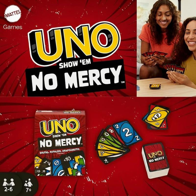 UNO Show ‘Em No Mercy plus Card Game in Storage & Travel Tin for Kids, Adults & Family Night with Extra Cards, Special Rules & Tougher Penalties