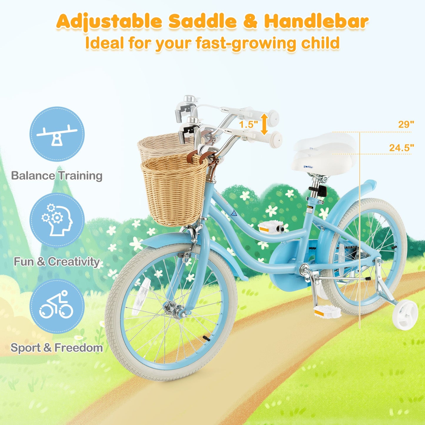 18-Inch Kids Bike with Training Wheels and Adjustable Handlebar Seat-Blue