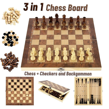 3-in-1 Board Game Set Chess, Backgammon and Checkers with Dice for Travel and Parties