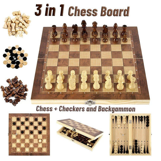 3-in-1 Board Game Set Chess, Backgammon and Checkers with Dice for Travel and Parties