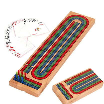 Wooden 3-Track Cribbage Board Game with 9 Pegs — Portable Classic Family Travel Card Game