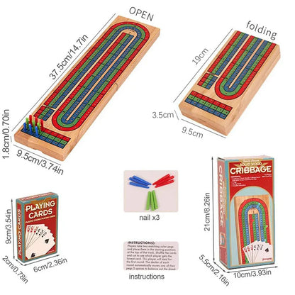 Wooden 3-Track Cribbage Board Game with 9 Pegs — Portable Classic Family Travel Card Game