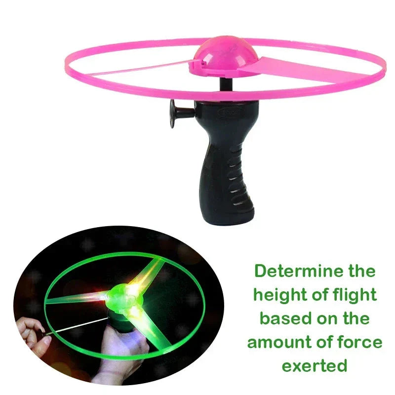 Pull Wire Glow UFO – Spinning LED Flyer Toy for Kids Outdoor Fun