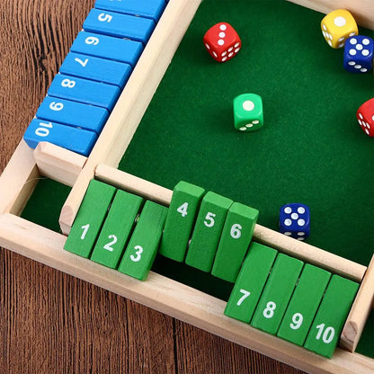 Wooden 4-Player Shut the Box Dice Game - Arithmetic Flip-Tile Party & Family Board Game
