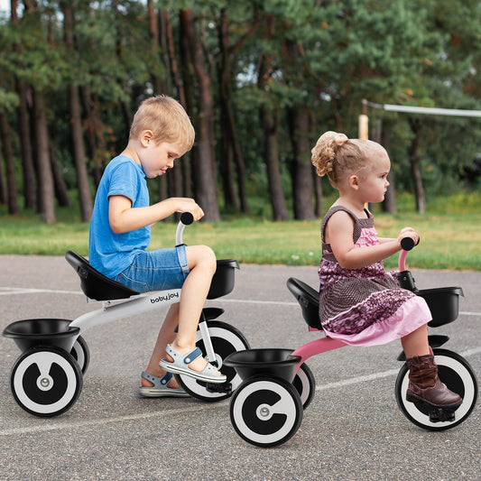 Toddler Tricycle with Adjustable Seat and Storage Baskets for 1.5-5 Years Old-White