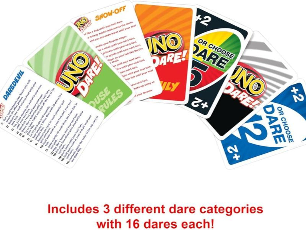 Mattel Games UNO Dare Card Game for Families & Parties Featuring Challenging & Silly Dares from 3 Different Categories