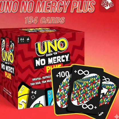 UNO Show ‘Em No Mercy plus Card Game in Storage & Travel Tin for Kids, Adults & Family Night with Extra Cards, Special Rules & Tougher Penalties