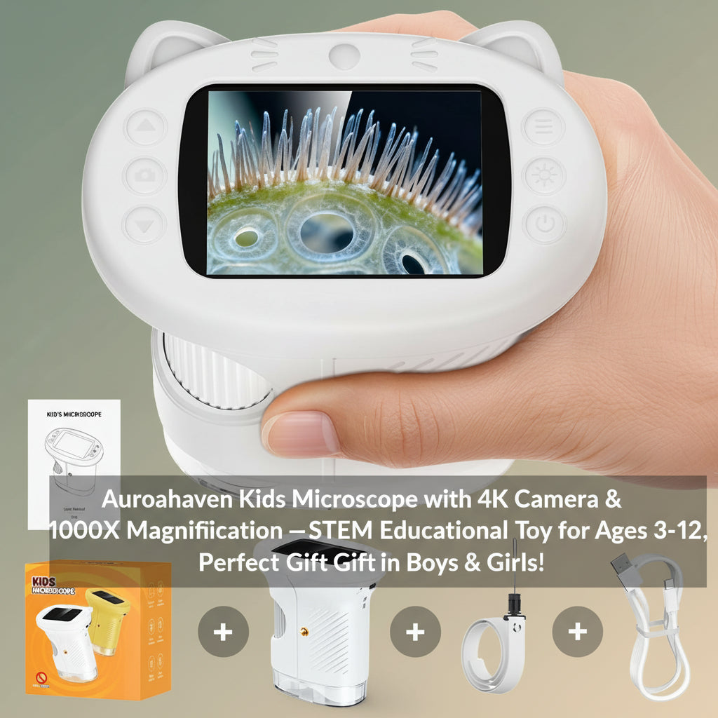 Aurorahaven Kids Microscope with 4K Camera & 1000X Magnification - STEM Educational Toy for Ages 3-12, Perfect Gift for Boys & Girls!