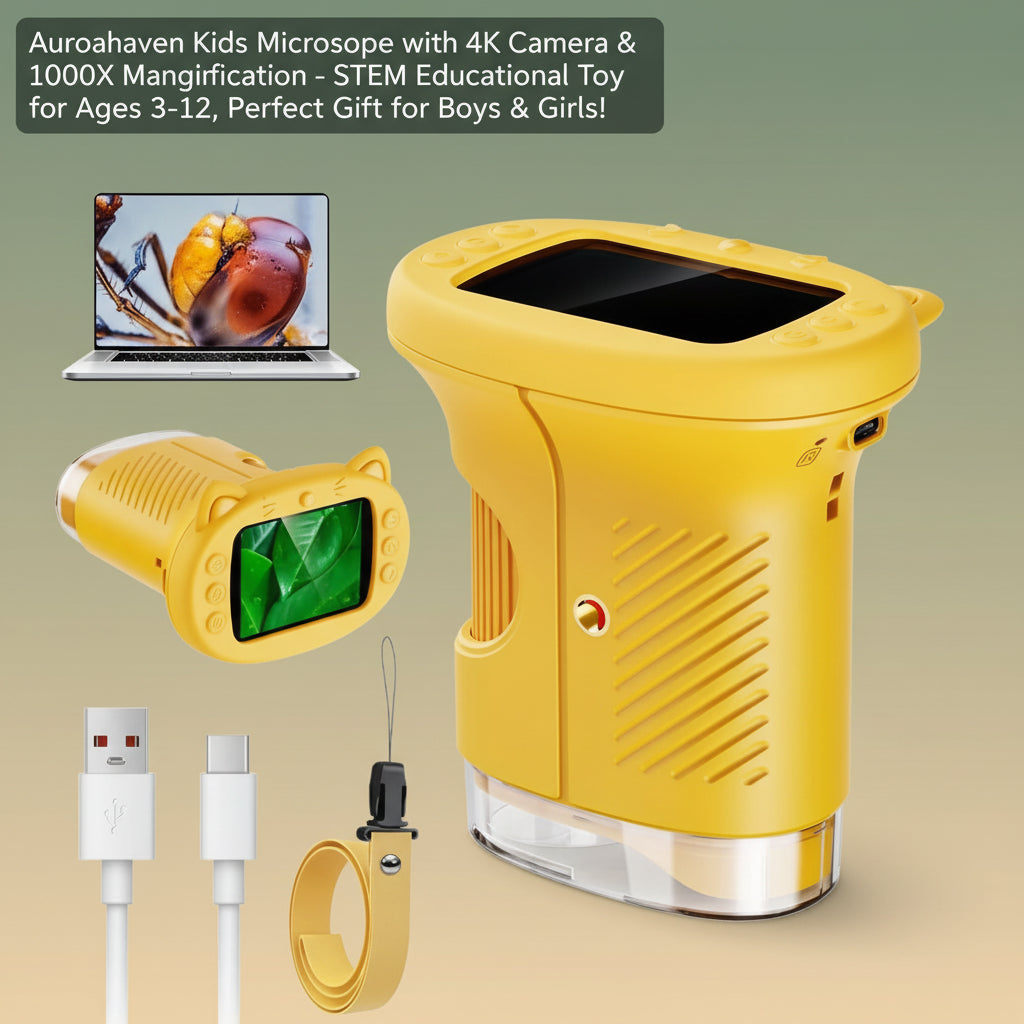 Aurorahaven Kids Microscope with 4K Camera & 1000X Magnification - STEM Educational Toy for Ages 3-12, Perfect Gift for Boys & Girls!