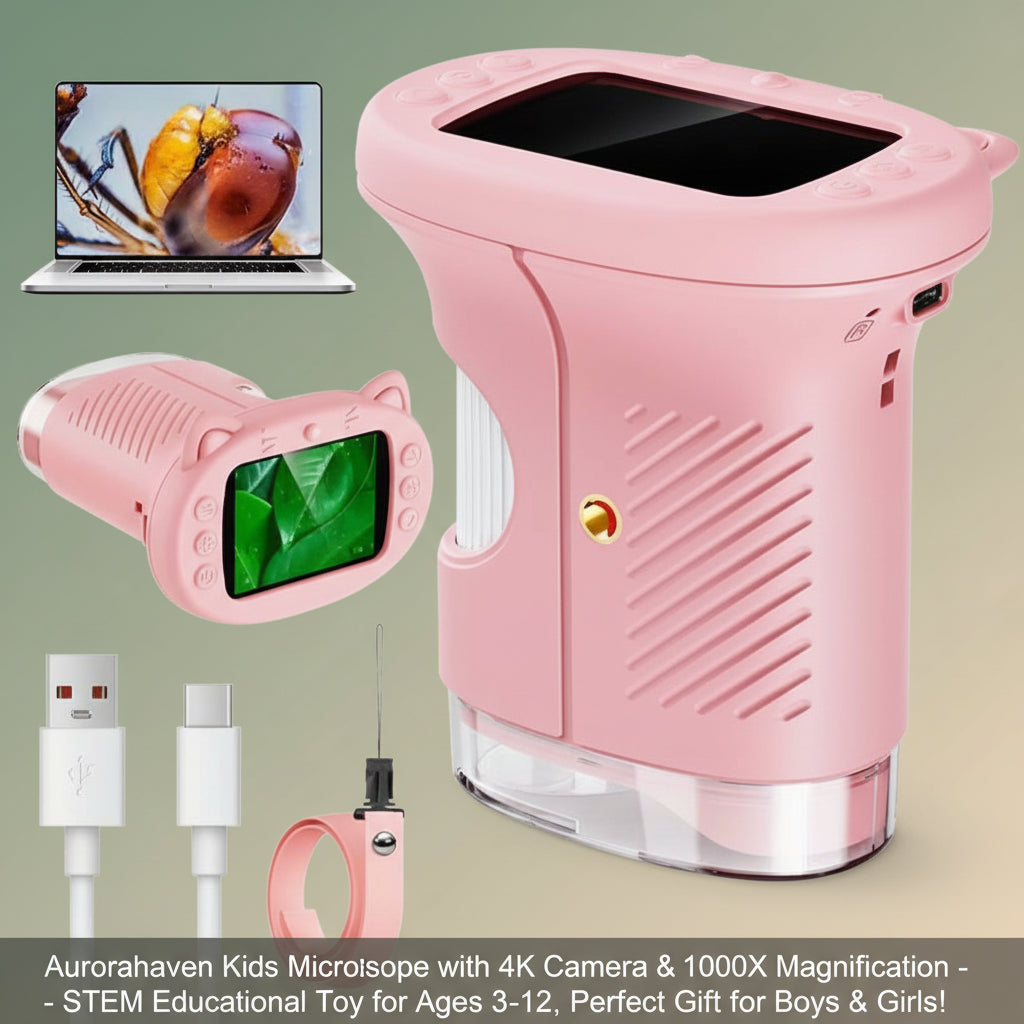 Aurorahaven Kids Microscope with 4K Camera & 1000X Magnification - STEM Educational Toy for Ages 3-12, Perfect Gift for Boys & Girls!