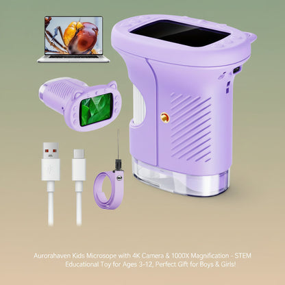 Aurorahaven Kids Microscope with 4K Camera & 1000X Magnification - STEM Educational Toy for Ages 3-12, Perfect Gift for Boys & Girls!