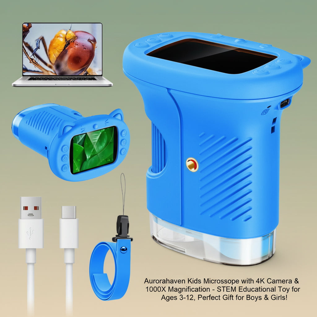 Aurorahaven Kids Microscope with 4K Camera & 1000X Magnification - STEM Educational Toy for Ages 3-12, Perfect Gift for Boys & Girls!