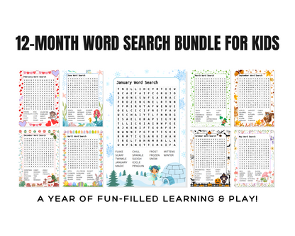 12 Month Word Search Bundle for Kids – Fun & Educational Monthly Themes